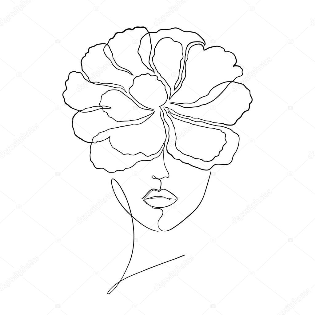 Minimal woman face on white background.One line drawing style..