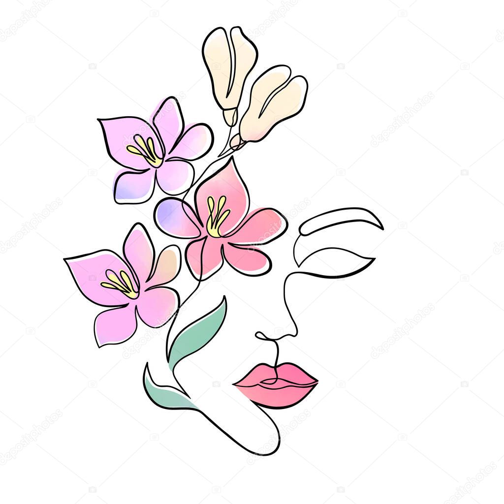 Minimal woman face with watercolor flowers on white background.One line drawing style..