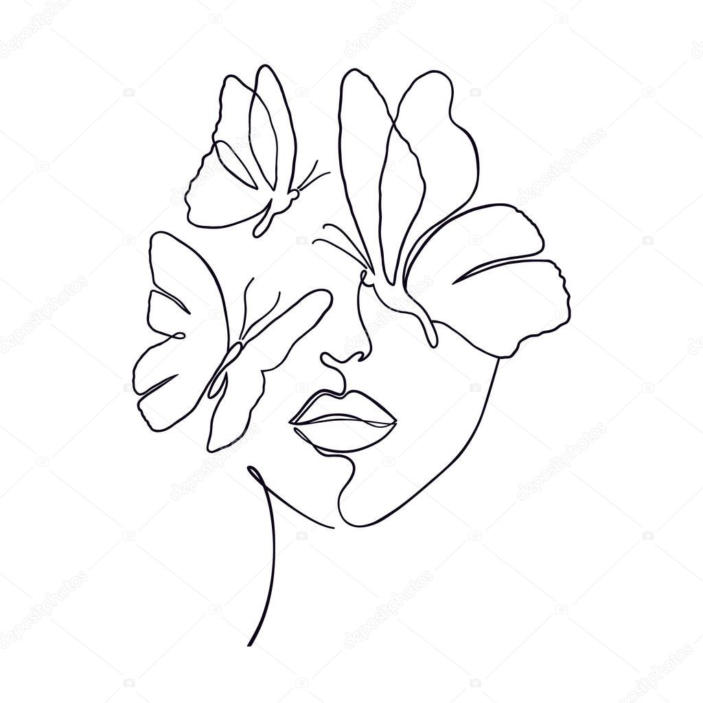Minimal woman face on white background.One line drawing style..