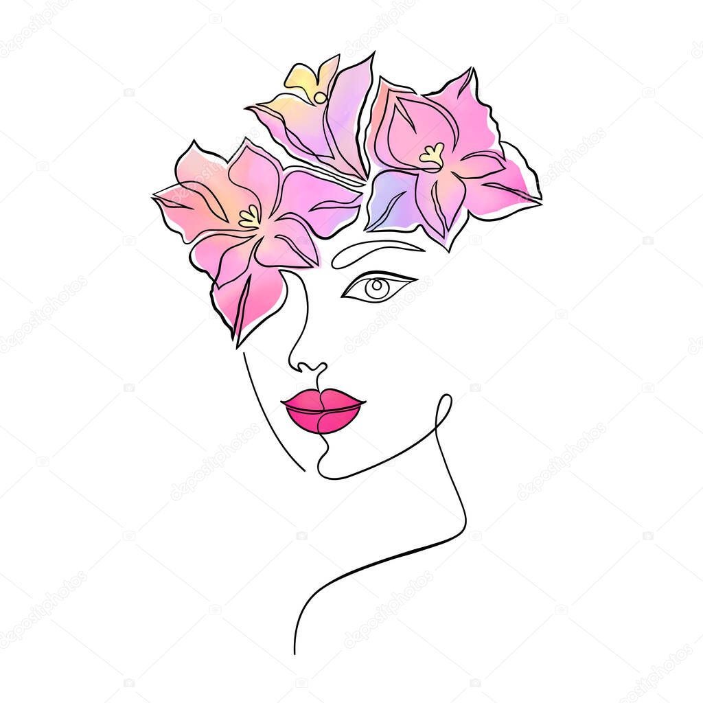 Minimal woman face on white background.One line drawing style..