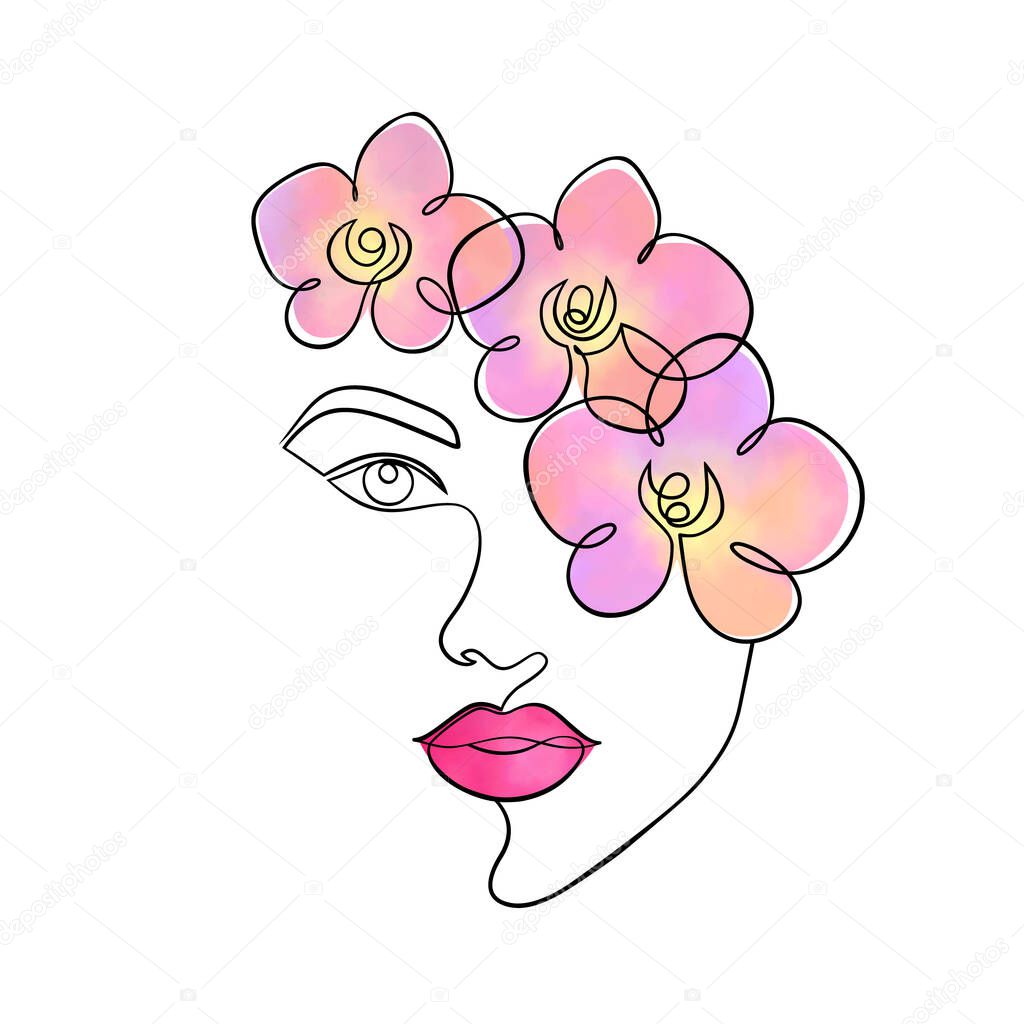 Minimal woman face with waterolor orchids on white background.