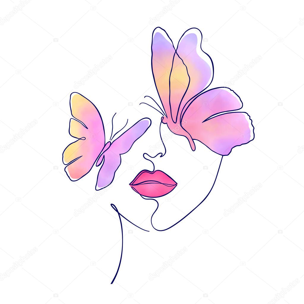 Female face with multicolored butterflies in minimal style . isolated on white background.