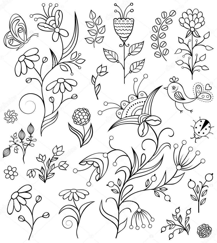Hand drawn flowers on white background