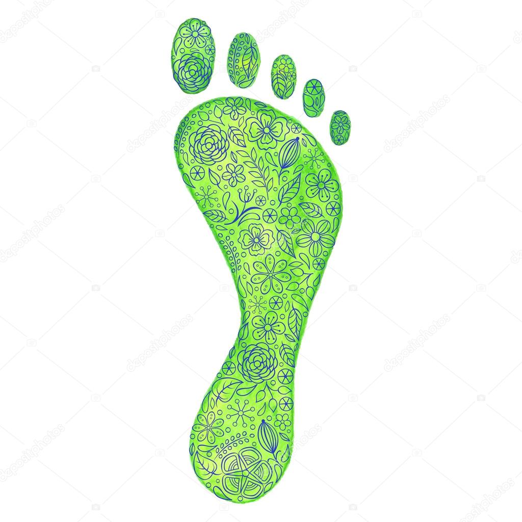 human footprint with flowers on white background