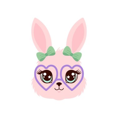 Yeşil fiyonklu ve kalp şeklinde gözlüklü sevimli pembe tavşan yüzü çizimi. 