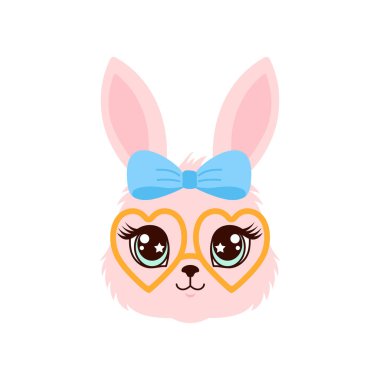 Mavi yay ve sarı kalp şeklinde gözlüklerle sevimli pembe tavşan surat çizimi..