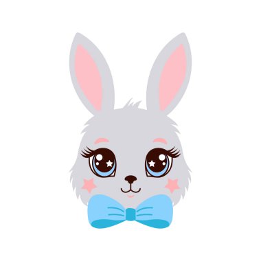 Mavi papyonlu, büyük gözlü ve pembe yanaklı sevimli gri tavşan surat çizimi. Erkek kıyafetleri ve kartları için mükemmel bir vektör..