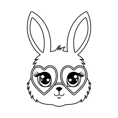 Büyük gözleri ve kalp şeklindeki gözlükleriyle beyaz arka planda sanat tarzında sevimli tavşanlar..