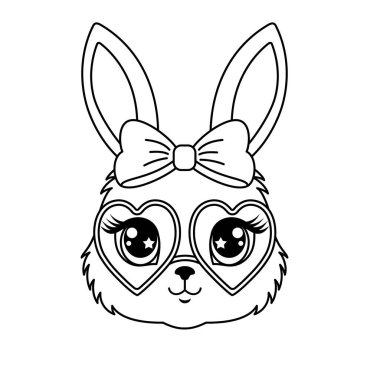 Kalp gözlüklü, büyük gözlü, sevimli tavşan yüzlü, çocuk boyama ve tasarım projeleri için mükemmel..