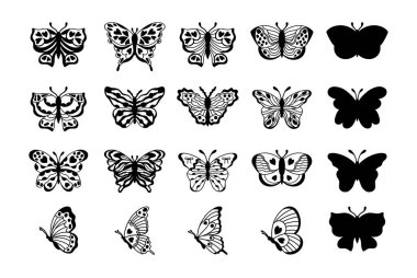 Beyaz arkaplanda karalama tarzında dekoratif kelebek koleksiyonu.