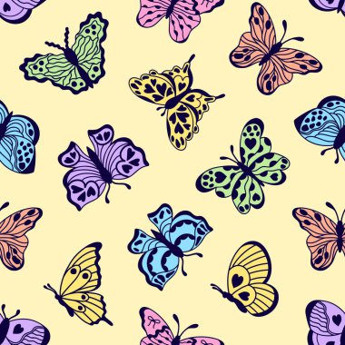Renkli kelebekler kusursuz desen. El çizimi karalama stili. Kumaş, tekstil, hediye paketi, duvar kağıdı, baskı için ideal.