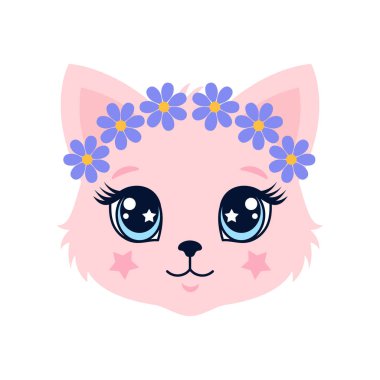 Şirin pembe kedi yüzlü, büyük mavi gözlü ve mor çiçekli taçlı.