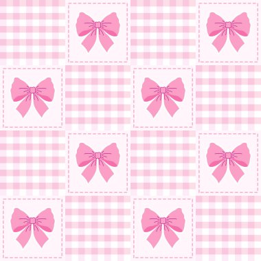 Pembe yay ve kare beyaz yay ile kusursuz vektör yama deseni ve değişen pembe gingham kareli kareler. Sevimli bebek tasarımı.