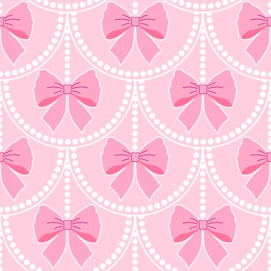 Kusursuz pembe desenli dairelerin içinde fiyonklar var. Çocuk dekorasyonu, tekstil ve hediye paketi için mükemmel..