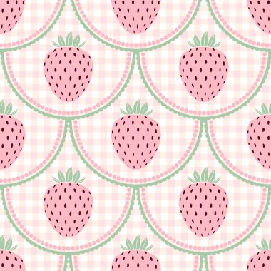 Gingham arka planında çilek olan kusursuz bir desen..