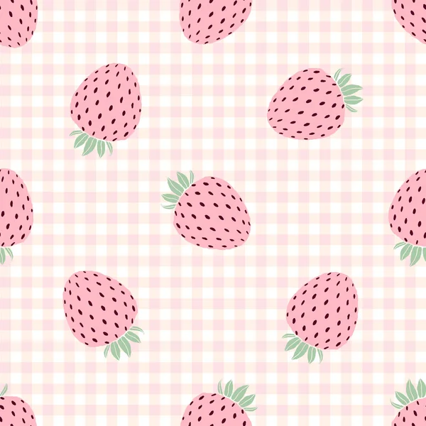 Klasik açık pembe ve beyaz gingham arkaplanda çilekli kusursuz desen..