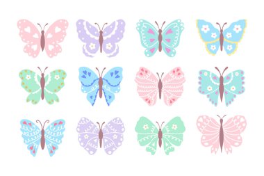 Beyaz arka planda elde çizilmiş pastel kelebekler..