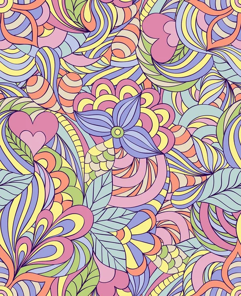 Muster mit abstrakten Blüten, Blättern und Herzen. — Stockvektor