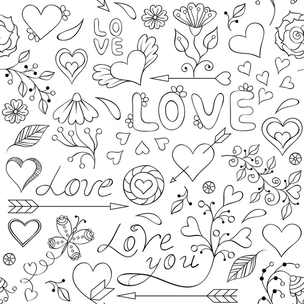 Patrón con corazones, flores y otros elementos — Vector de stock