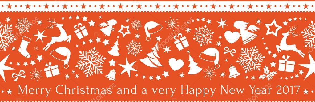 Seamless red Christmas border with ornaments and Merry Christmas text