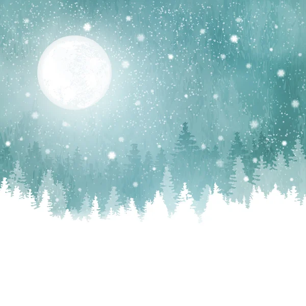 Paesaggio invernale con nevicate, abeti e luna piena — Vettoriale Stock
