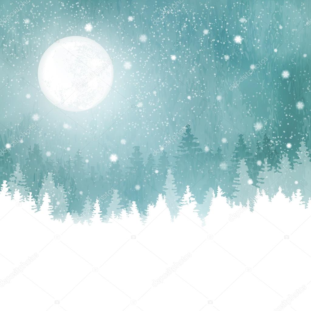 Winter landscape with snowfall, fir trees and full moon