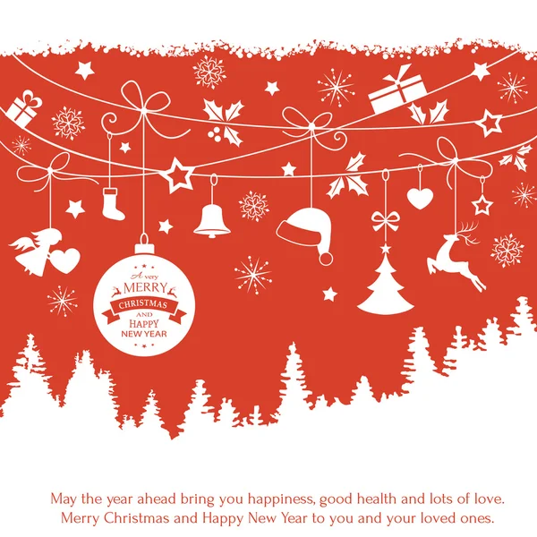 Cartão com ornamentos de Natal pendurados sobre a paisagem de abeto — Vetor de Stock