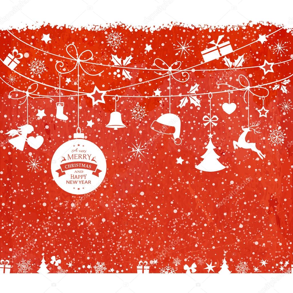 Christmas card with hanging ornaments on texture red background