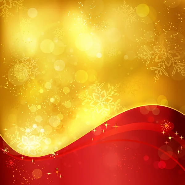 Red golden Christmas background with snowflakes and light effect — Stock Vector