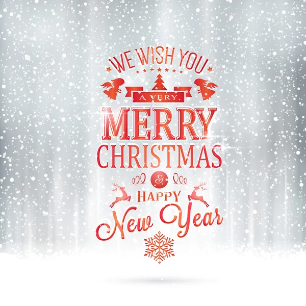 สีแดงเงิน Merry Christmas typography card กับหิมะตก — ภาพเวกเตอร์สต็อก