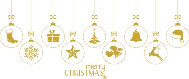 Golden Christmas baubles, Christmas ornaments on white clipart