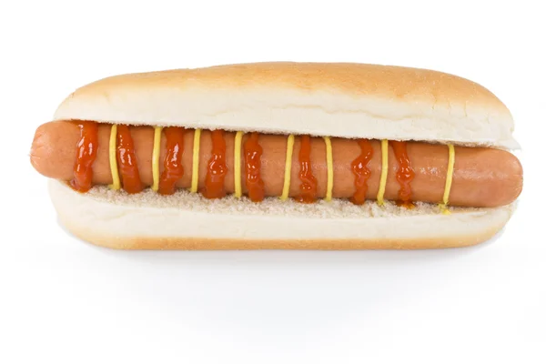 Frontansicht von einem geöffneten Hotdog mit Wurst, Ketchup und Senf — Stockfoto