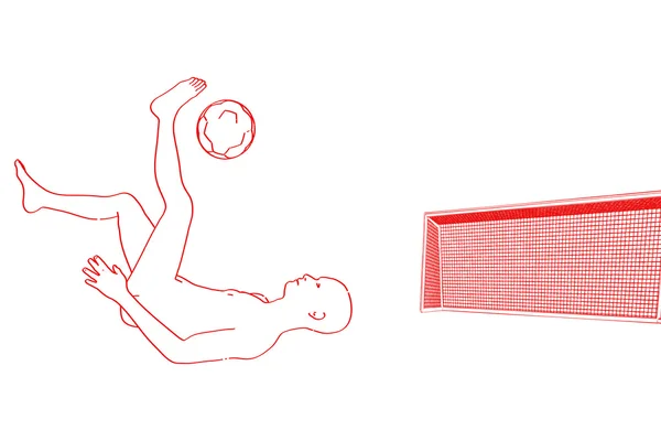 Rawing in rosso da un calcio in bicicletta di fronte a un gol di calcio, iso — Foto Stock