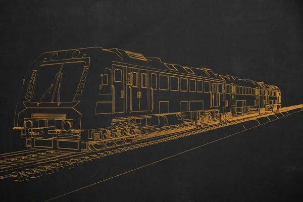 Elektriska tåg målade med krita på svarta tavlan mörk. — Stockfoto