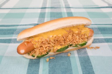 Sosis, kavrulmuş soğan ve üzerinde kontrol masa örtüsü yalan cocumber dilimleri ile taze hotdog