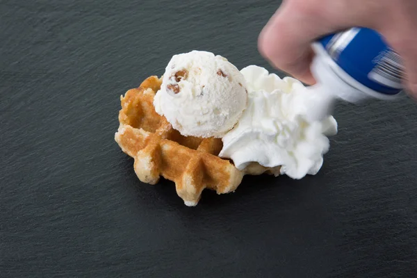 Two belgian waffles with chocolate on a blueish plate, isolated on white — Stock Photo, Image