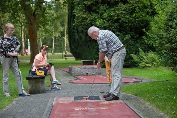 Společná rodina na minigolf hry. Stock Snímky