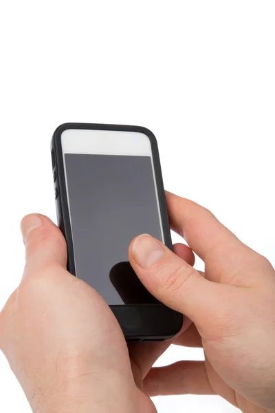 Tummen på en mobiltelefon, isolerad på vit — Stockfoto