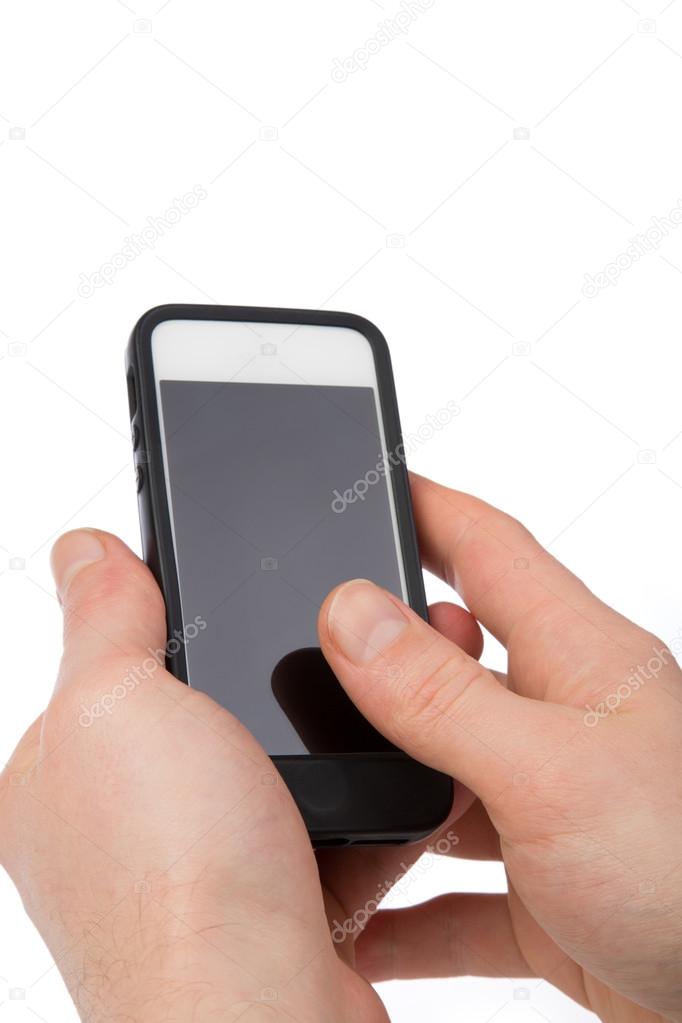 Thumb on a cellular phone, isolated on white