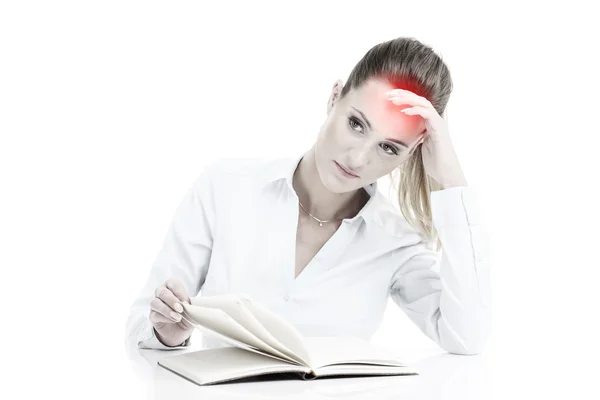 Business woman with documents having headache — стоковое фото