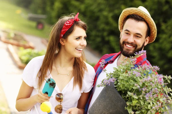 Paar werken in de tuin — Stockfoto