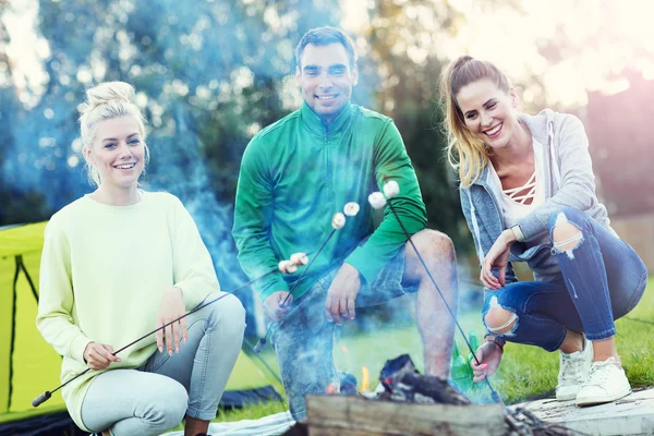 Amigos preparando marshmallow na fogueira — Fotografia de Stock