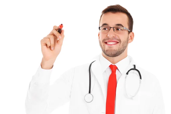 Feliz doctor escribiendo a bordo — Foto de Stock