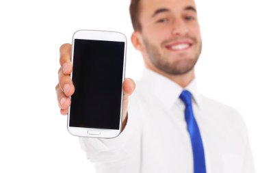 Onun smartphone gösterilen işadamı
