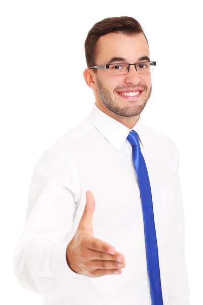 Empresário feliz cumprimentando alguém sobre fundo branco — Fotografia de Stock