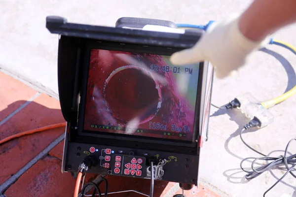 Plumbers Sewer Snake Camera Snake Camera Checks Sewer Drain Make — Stock Photo, Image