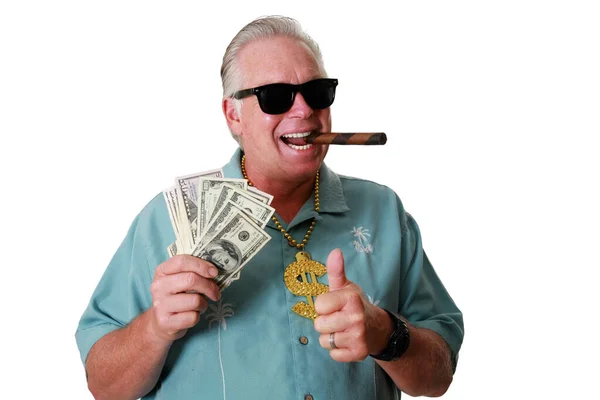 Homem Rico Sorri Enquanto Segura Pouco Seu Dinheiro Banqueiro Feliz — Fotografia de Stock
