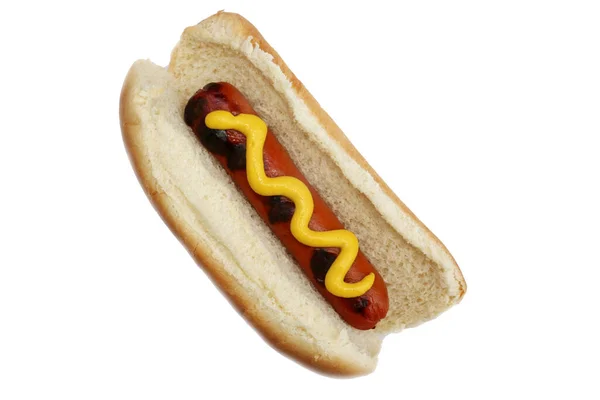 Hot Dog Con Senape Gialla Isolato Bianco Spazio Testo — Foto Stock