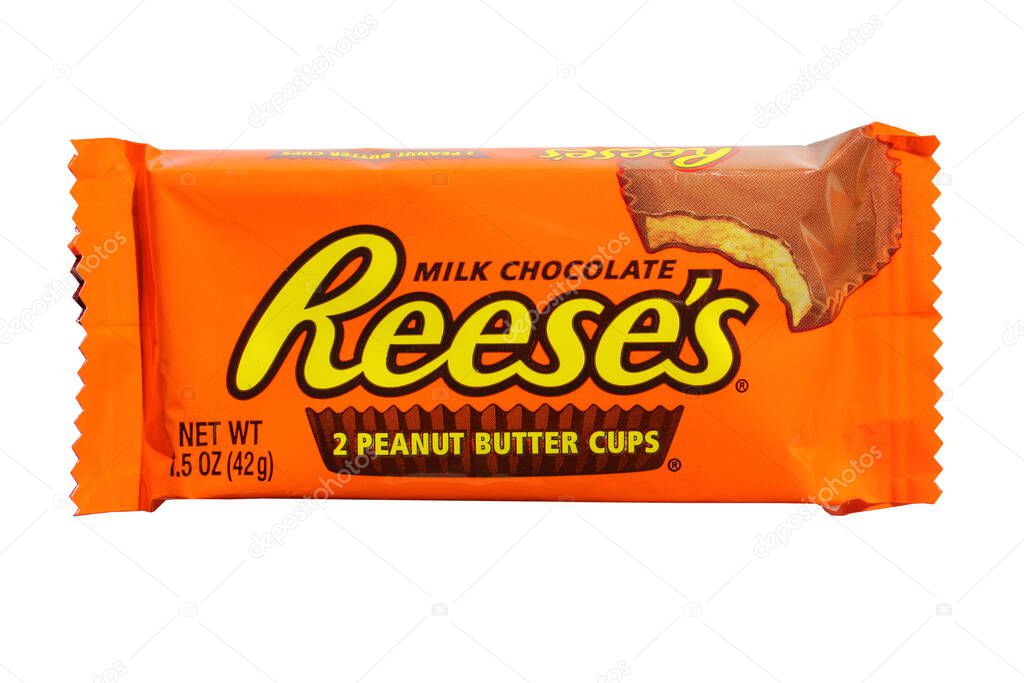 LAKE FOREST, CALIFORNIA - March 29, 2021: Reese's Peanut Butter Cup candy. Reese's was first introduced in 1928 and is now part of the Hershey Company.