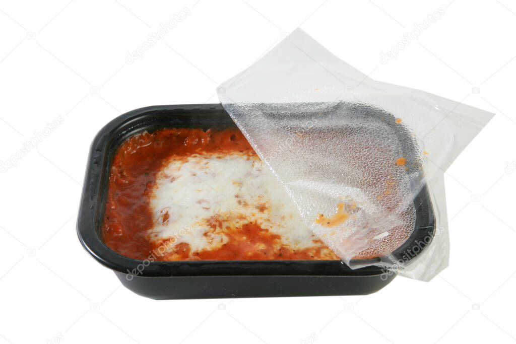 Lasagna tv dinner, isolated on white